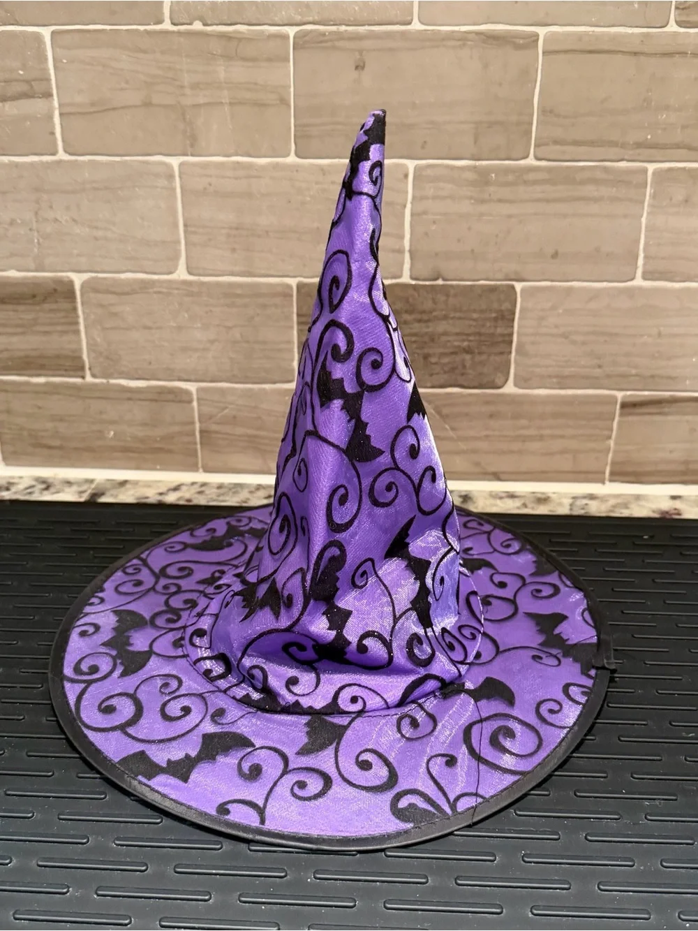Y2K Vtg 2010 Purple & Black Velvet Flock Bat Swirl Witch Hat Costume Accent